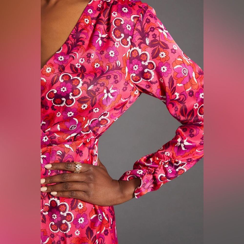 Anthropologie Maeve Vibrant Pink Wrap Mini Floral Long Sleeve Dress NWT Medium P - Picture 3 of 8